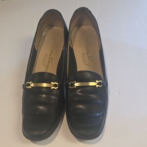 Salvatore Ferragamo Black Leather Gold Bit Loafers